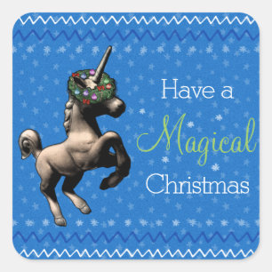 Sticker Carré Vacances Unicorne "Noël magique" (Bleu)