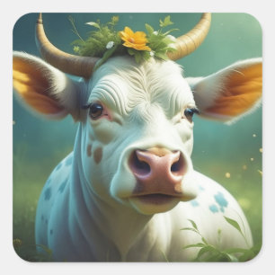 Sticker Carré Vache Ai blanche mignonne avec cornes et fleurs