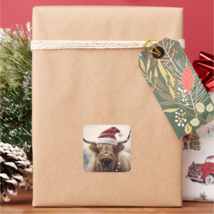 Sticker Carré Vache au chapeau de Père Noël Vacances de Noël
