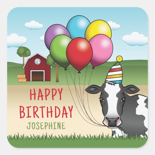Sticker Carré Vache avec Casquette de fête et ballons Anniversai (Devant)