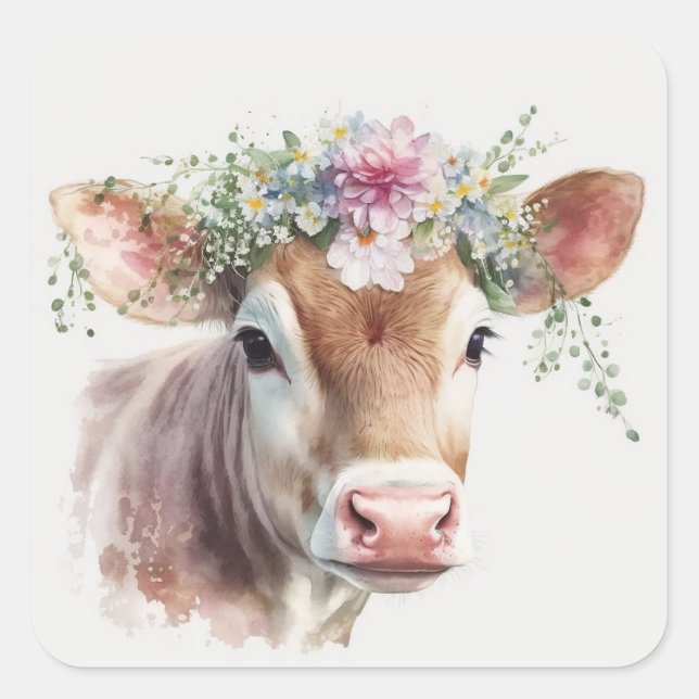 Sticker Carré Vache avec tête florale (Devant)