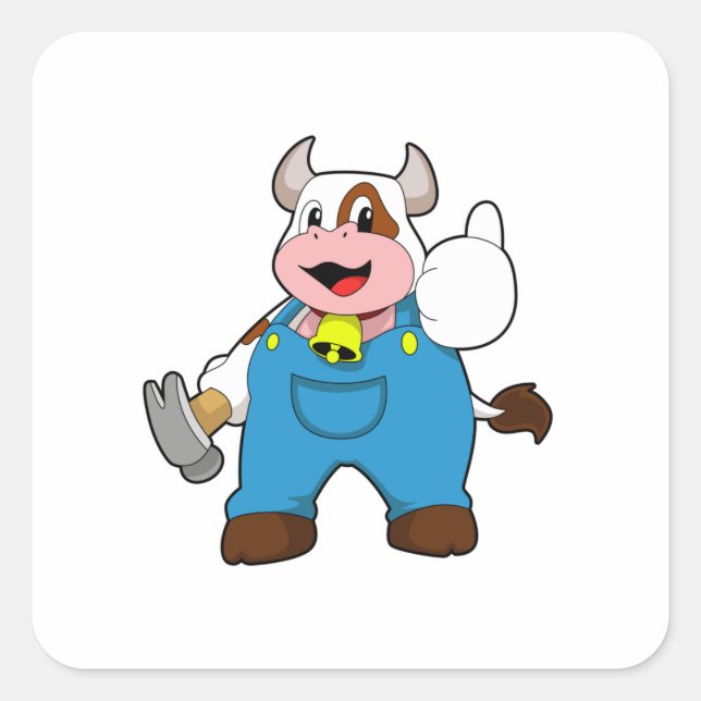 Sticker Carré Vache comme artisan avec marteau (Devant)