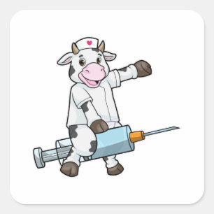 Sticker Carré Vache comme infirmière avec coeur et seringue