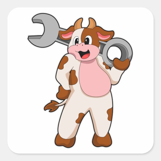Sticker Carré Vache comme mécanicien avec clé (Devant)