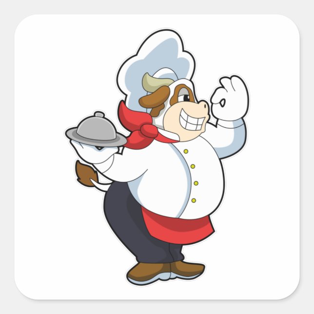 Sticker Carré Vache comme serveur avec assiette servante (Devant)
