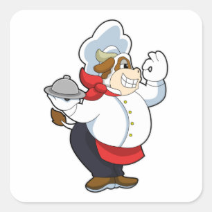 Sticker Carré Vache comme serveur avec assiette servante