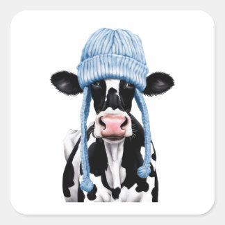 Sticker Carré Vache dans un casquette.
