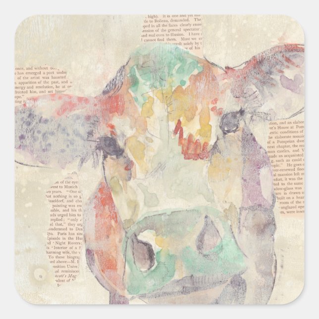 Sticker Carré Vache de collage de la ferme aquarelle (Devant)