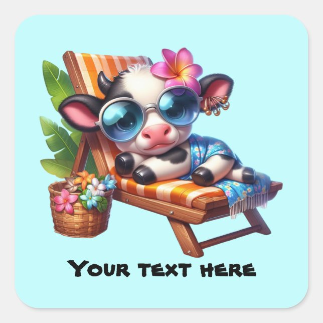 Sticker Carré Vache de plage mignonne personnalisable (Devant)