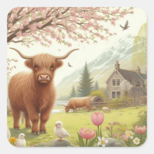 Sticker Carré Vache des hautes terres mignonne, florale/printani