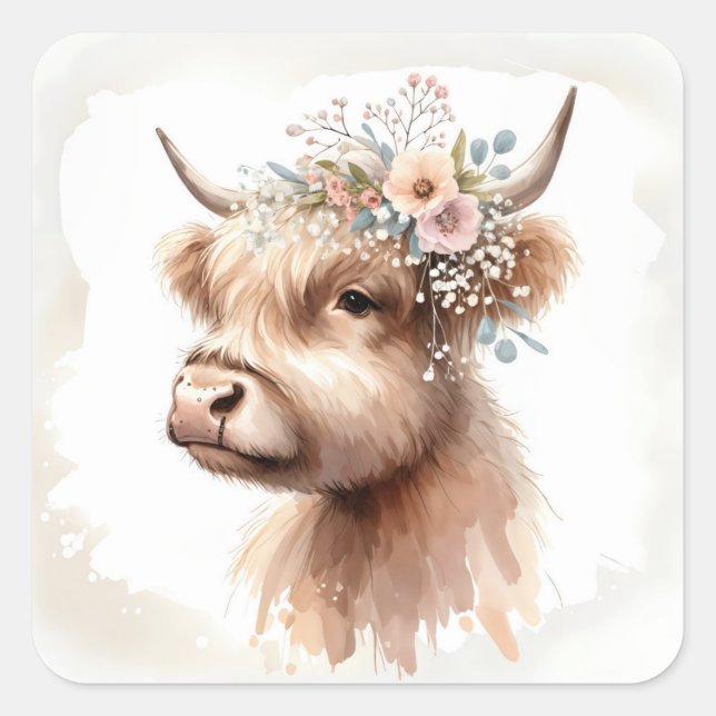 Sticker Carré Vache des Highlands à l'aquarelle Boho avec des fl (Devant)