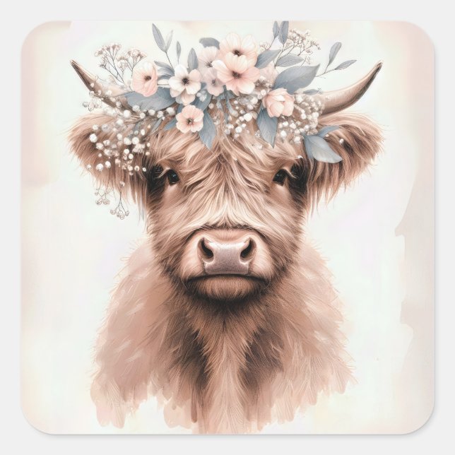 Sticker Carré Vache des Highlands Bohème avec couronne de mariée (Devant)