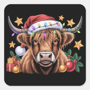 Sticker Carré Vache des Highlands Noël Génisses Ferme Agriculteu