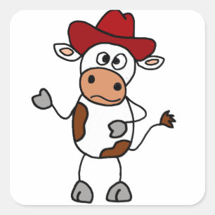Sticker Carré Vache drôle utilisant le casquette de cowboy roug