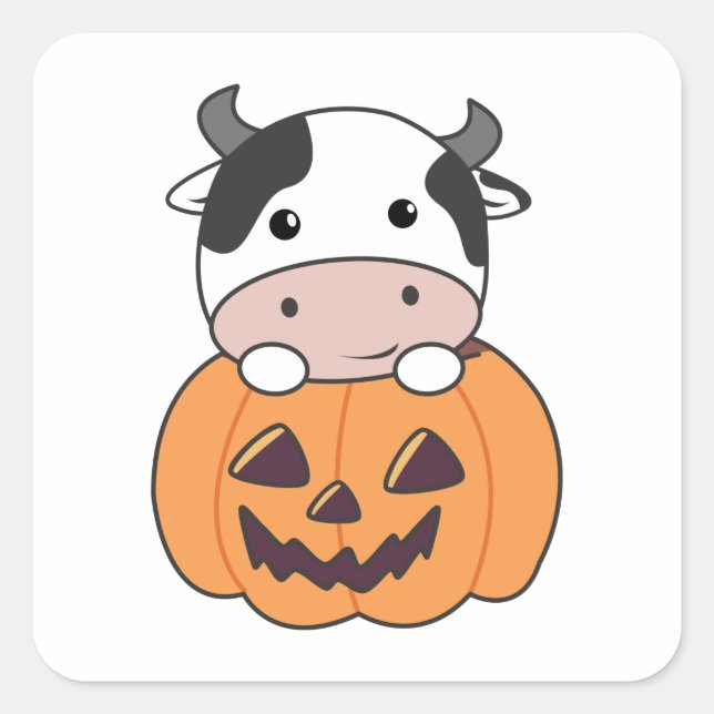 Sticker Carré Vache en Citrouille vaches mignonnes Joyeux Hallow (Devant)