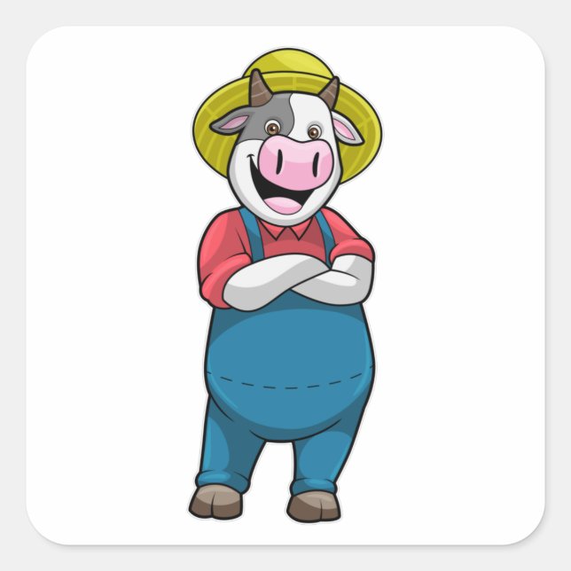 Sticker Carré Vache en tant qu'agriculteur avec Casquette (Devant)