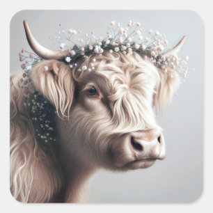 Sticker Carré Vache Highland Bohème Avec Couronne de Fleur d'Hal