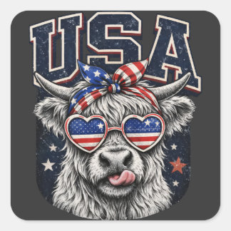 Sticker Carré Vache Highland patriotique drôle États-Unis Quatre
