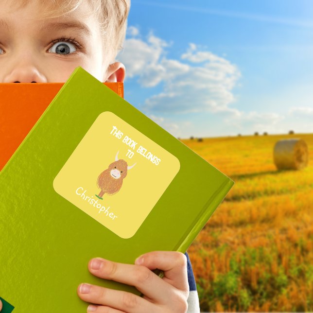 Sticker Carré Vache Highland personnalisée Ce livre appartient à (Créateur téléchargé)