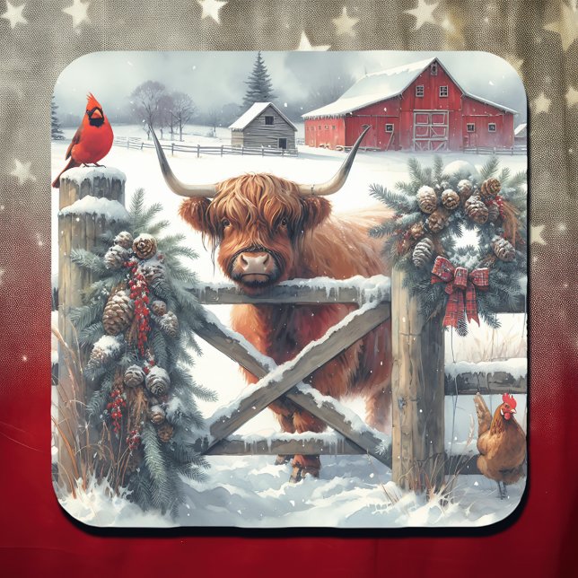 Sticker Carré Vache Highland sur la ferme Noël (Créateur téléchargé)