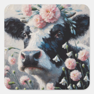 Sticker Carré Vache Holstein dans les fleurs Agritourisme peintu