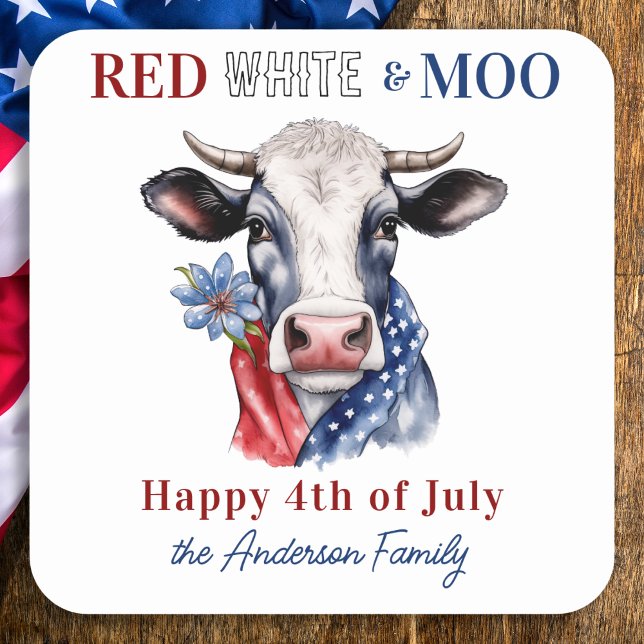 Sticker Carré Vache Joyeux 4 juillet Rouge Blanc Bleu Patriotiqu (Créateur téléchargé)