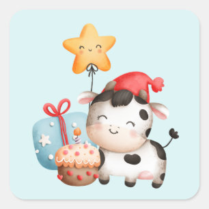Sticker Carré Vache souriante mignonne adorable Anniversaire
