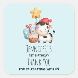 Sticker Carré Vache souriante mignonne adorable Merci d'annivers