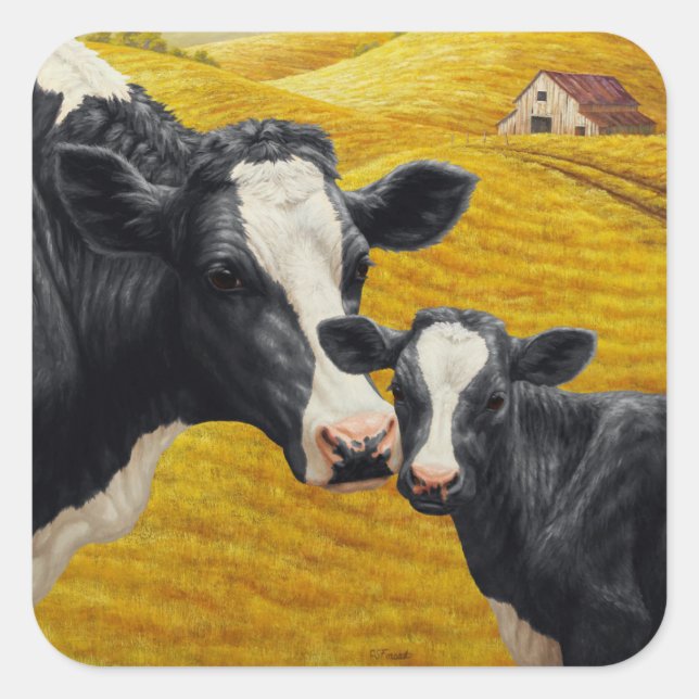 Sticker Carré Vaches Holstein et vieille grange en bois (Devant)