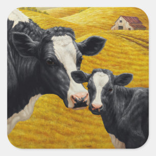 Sticker Carré Vaches Holstein et vieille grange en bois
