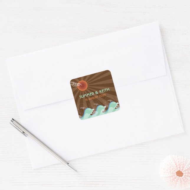 Sticker Carré Vagues bleues modernes Brown Sun Summer Beach Mari (Enveloppe)