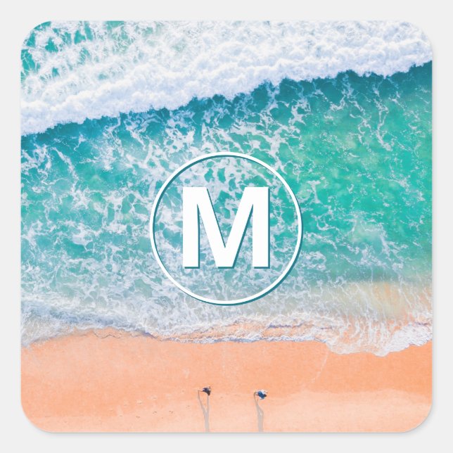 Sticker Carré Vagues de plage, Monogramme blanc en cercle (Devant)