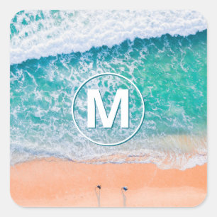 Sticker Carré Vagues de plage, Monogramme blanc en cercle