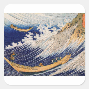 Sticker Carré Vagues océaniques Hokusai Bateaux en mer