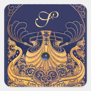 Sticker Carré Vaisseau antique, Dauphins, Or, Monogramme bleu ma