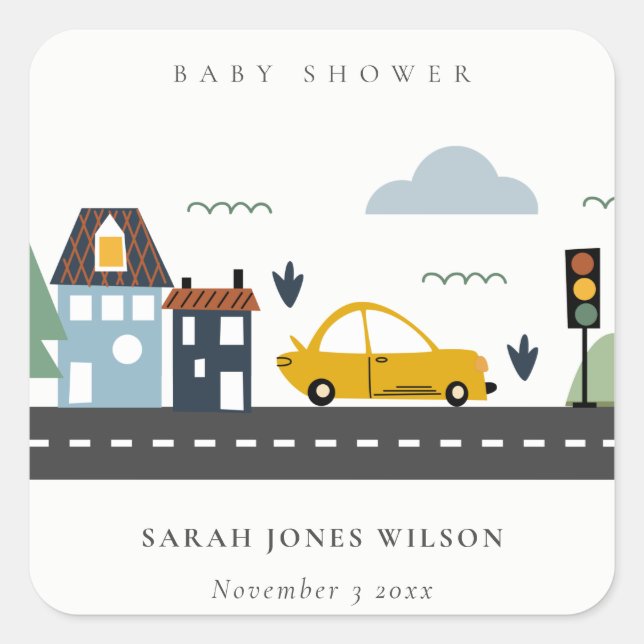 Sticker Carré Vaisseau urbain Voitures Route Baby shower Citysca (Devant)