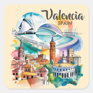 Sticker Carré Valencia Espagne Paysage Urbain Aquarelle Voyage S