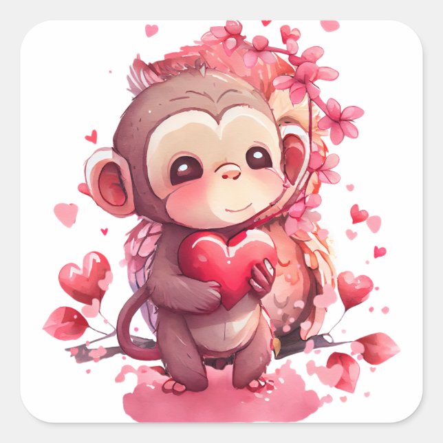 Sticker Carré Valentin Singe Cœur Mignon (Devant)