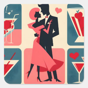 Sticker Carré Valentine Couple de danse Mid Century Modern