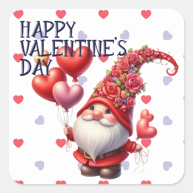 Sticker Carré Valentine Fleur Casquette Gnome Heart Ballons (Devant)