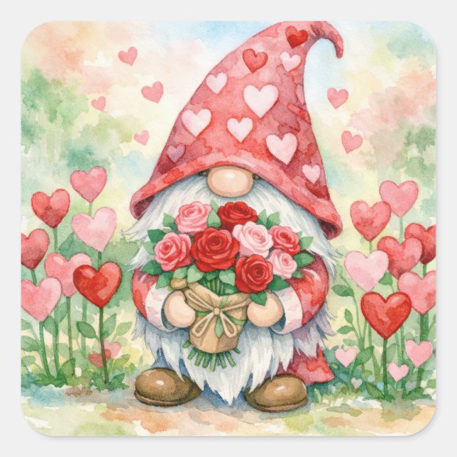 Sticker Carré Valentine Gnome with Red Roses (Devant)