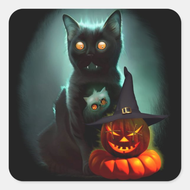 Sticker Carré Vampire Chat et Assistant Citrouille Halloween Sur (Devant)