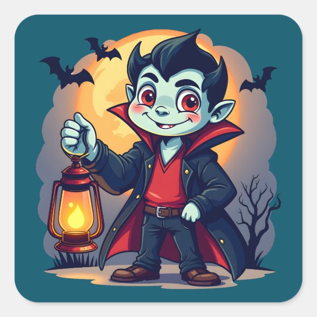 Sticker Carré Vampire mignon avec Lantern Kawaii Halloween (Devant)