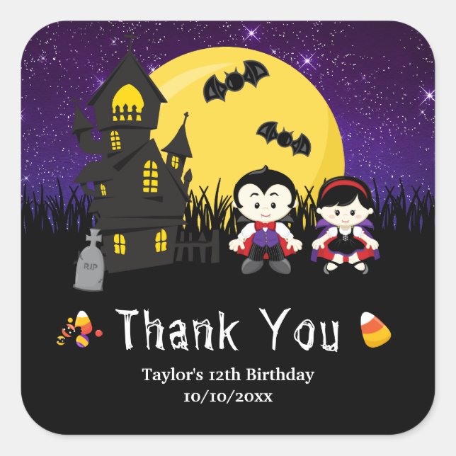 Sticker Carré Vampires de fête d'anniversaire d'Halloween violet (Devant)