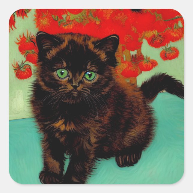 Sticker Carré Van Gogh Chat noir Fleurs rouges (Devant)