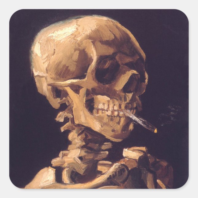 Sticker Carré Van Gogh : Crâne avec cigaret brûlant (Devant)