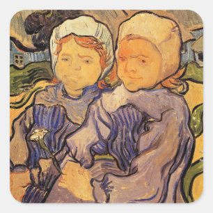 Sticker Carré Van Gogh, Deux Enfants, Art Impressionniste Vintag