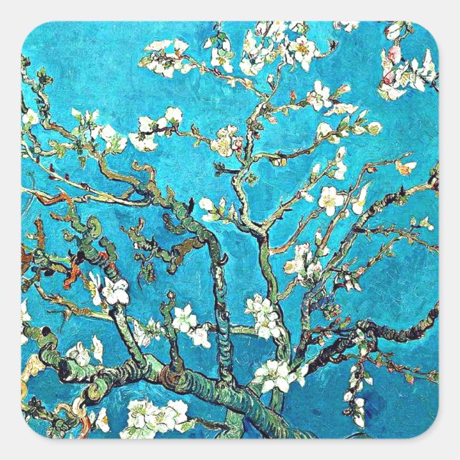 Sticker Carré Van Gogh - Fleurs d'amandes, célèbre peinture (Devant)