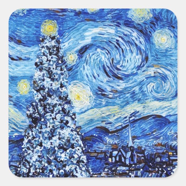 Sticker Carré Van Gogh - La Nuit étoilée - Escouade de Noël blan (Devant)