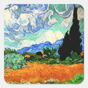 Sticker Carré Van Gogh peinture, Wheatfield avec Cypress Tree